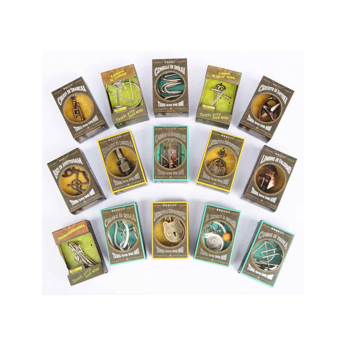 Display met 15 grote Metalen Breinbrekers Puzzels, Logica Giochi