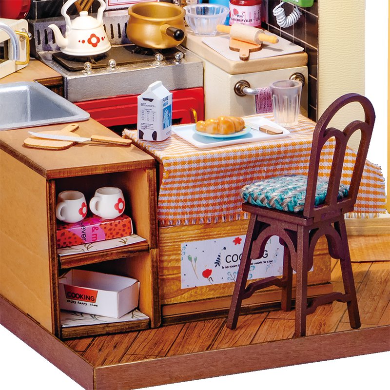 Robotime, DIY Huisje Homey/Cozy Kitchen met LED verlichting, DG159, 19x17,1x18,5cm