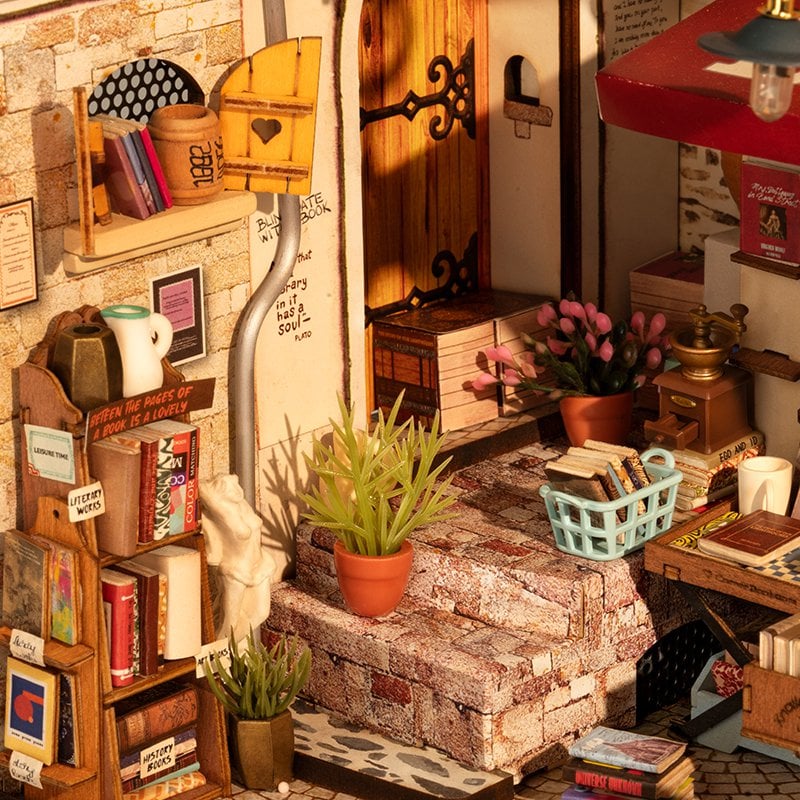 Robotime, DIY Huisje Corner Bookstore met LED verlichting, 25x16,7x18cm