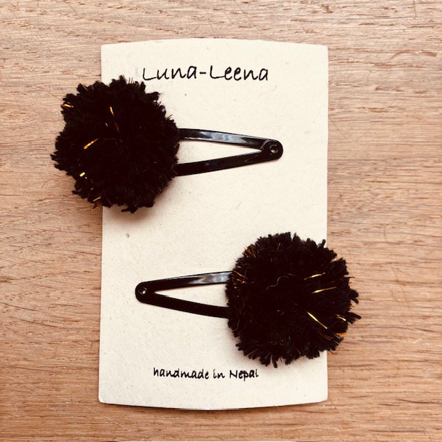 Luna-Leena Hair Clips Pom Pom 2x - Zwart en Gold Flakes - Handmade in Nepal