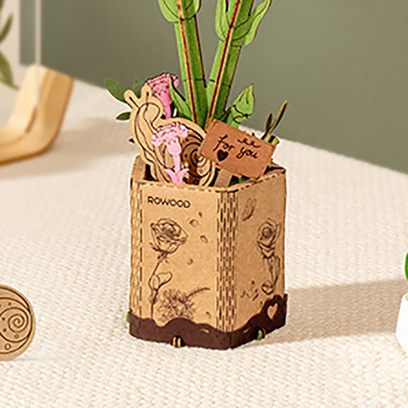 Robotime, DIY Houten Bloem Pink Carnation, Roze Anjer, TW051, 12x7x2