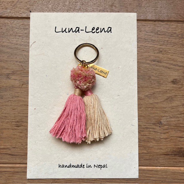 Luna-Leena Keychain Twin Tassels - Oud roze/zand - handgemaakt in Nepal