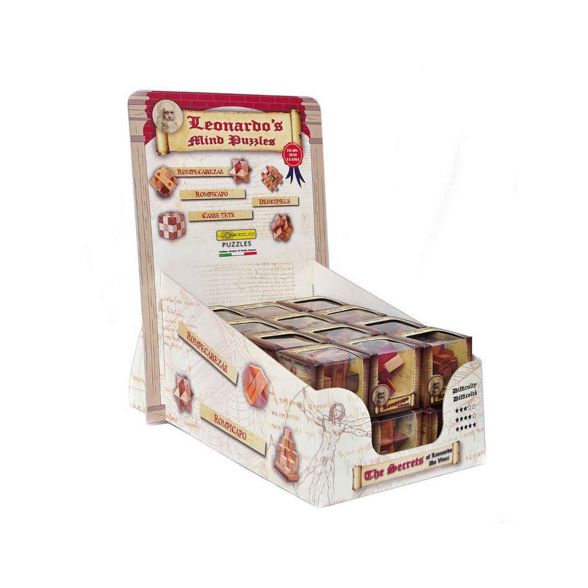 Display met 24 Houten Breinbrekers, Logica Giochi
