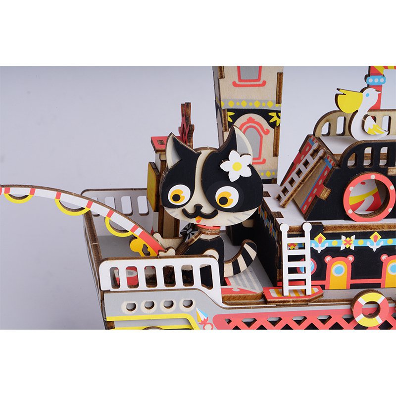 Muziekdoos Hout DIY 3D Puzzel Fishing Kitty, Robotime
