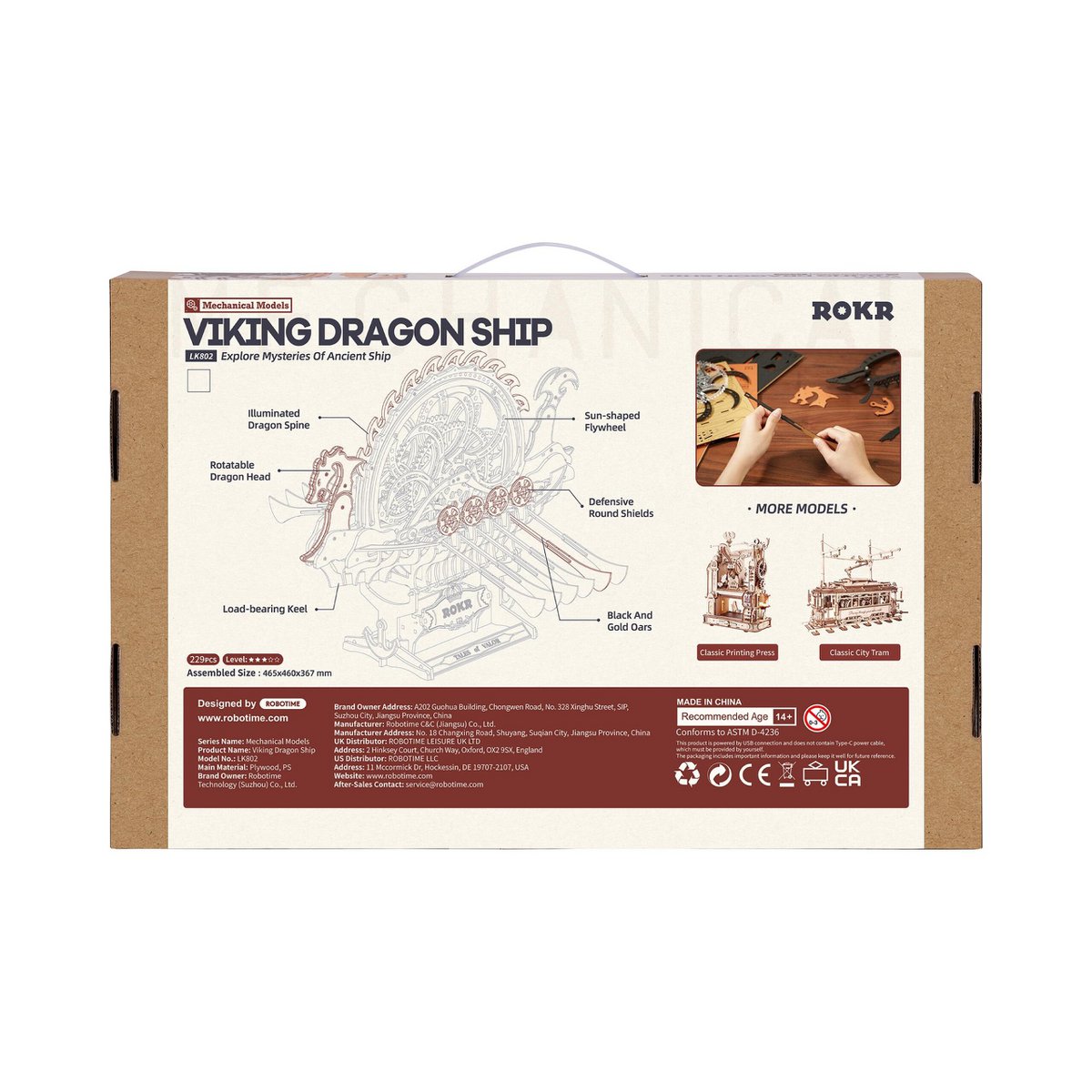 Robotime, DIY Houten Puzzel Dragon Viking Ship, Mechanical Model, LK802, 36,7x46x46.5cm