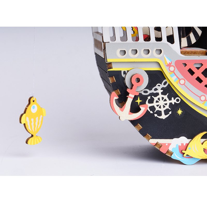 Muziekdoos Hout DIY 3D Puzzel Fishing Kitty, Robotime