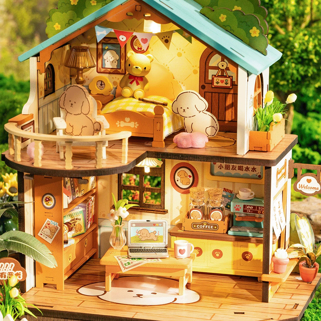 Robotime, DIY Huisje Puppy's Cozy Villa met LED verlichting DG169, 22x18,3x23,5cm