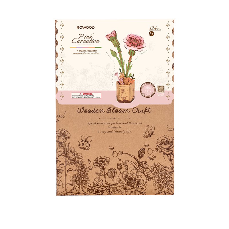 Robotime, DIY Houten Bloem Pink Carnation, Roze Anjer, TW051, 12x7x2