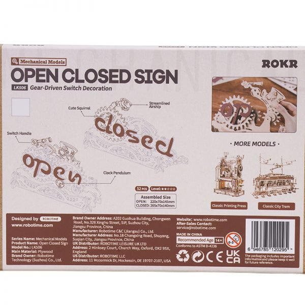3D DIY Houten Bouwpakket Open Closed Sign, Robotime, LK506, 23x1,5x15,5cm