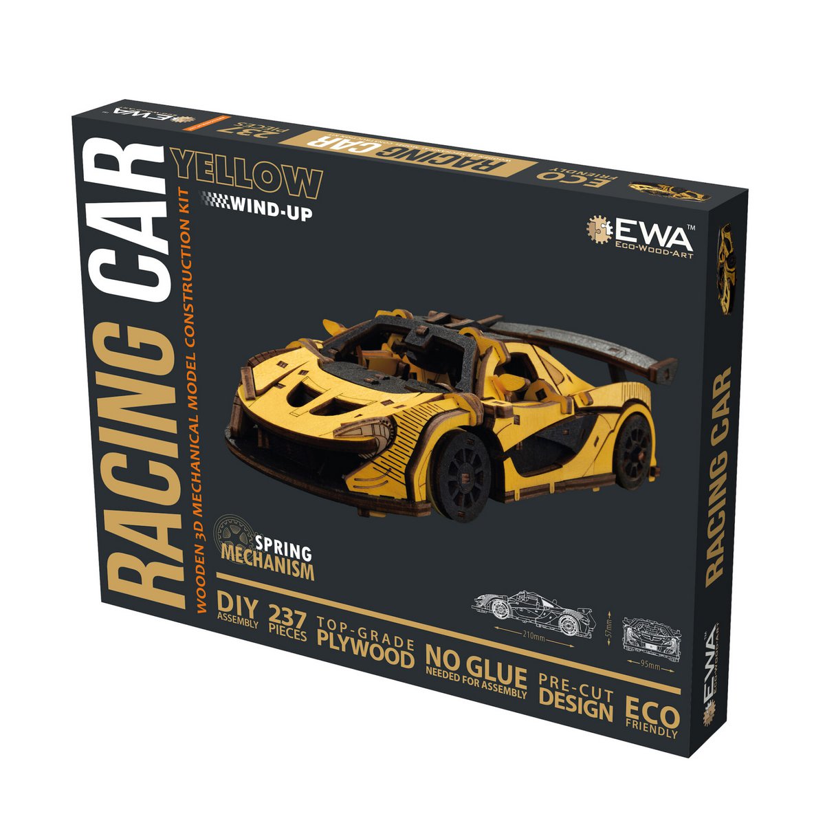 Eco Wood Art, (EWA) DIY 3D Mechanical Model Racing Car Yelow, 4042, 21x9,5x5,7cm