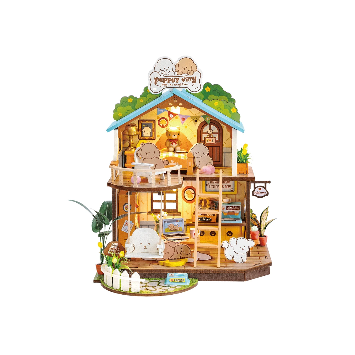 Robotime, DIY Huisje Puppy's Cozy Villa met LED verlichting DG169, 22x18,3x23,5cm