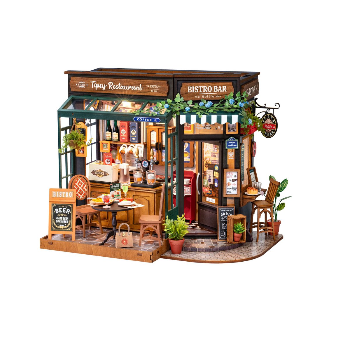 Robotime, DIY Huisje Tipsy Restaurant met LED verlichting, DG167, 18x18x24cm