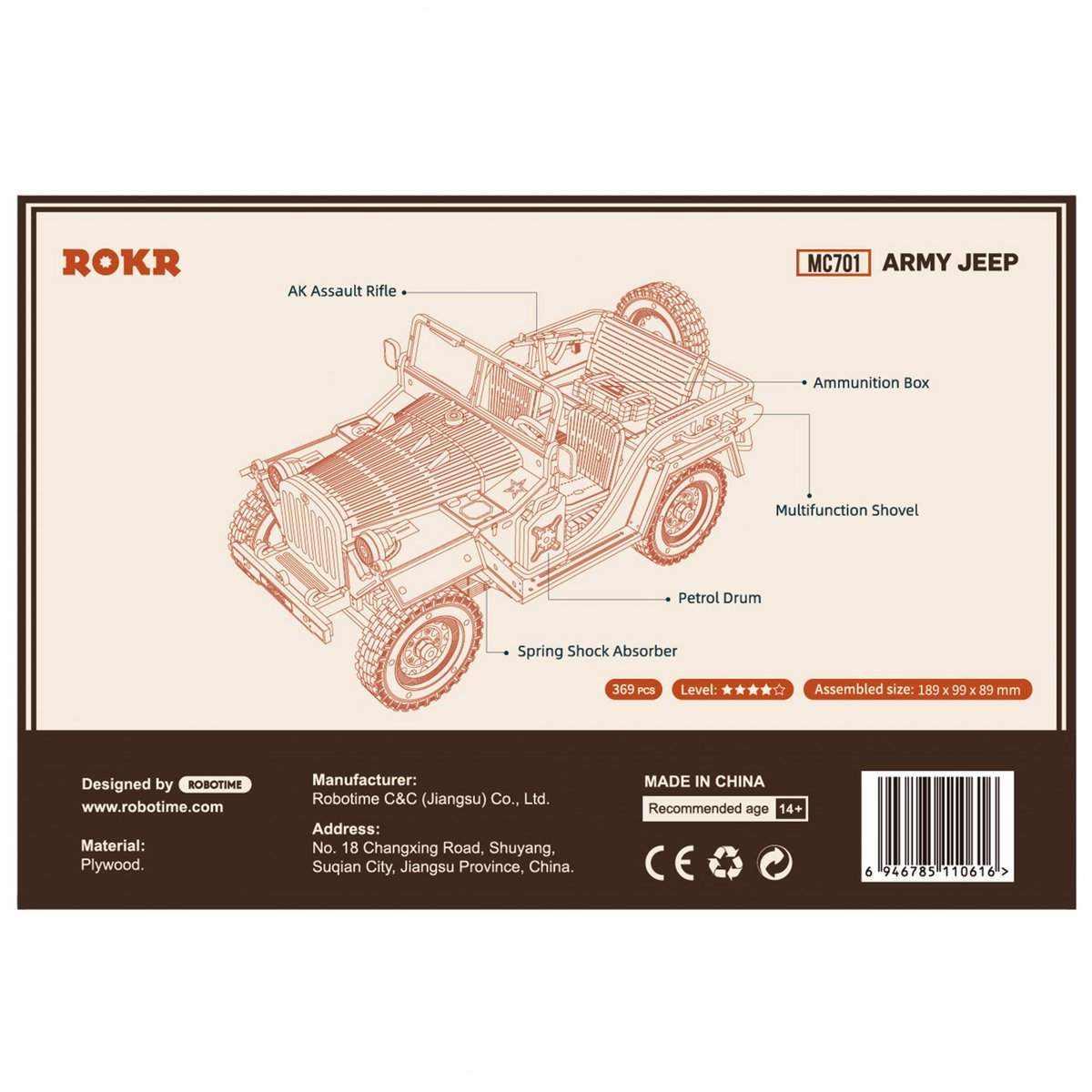 Robotime, Houten Puzzel 3D Army Field Car, 18,9 x 9,9 x 8,9 cm