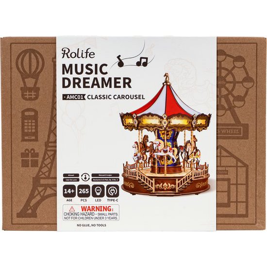 Robotime, Muziekdoos Hout DIY Classic Carousel, AMC01, 25,5x25,7x29,5cm