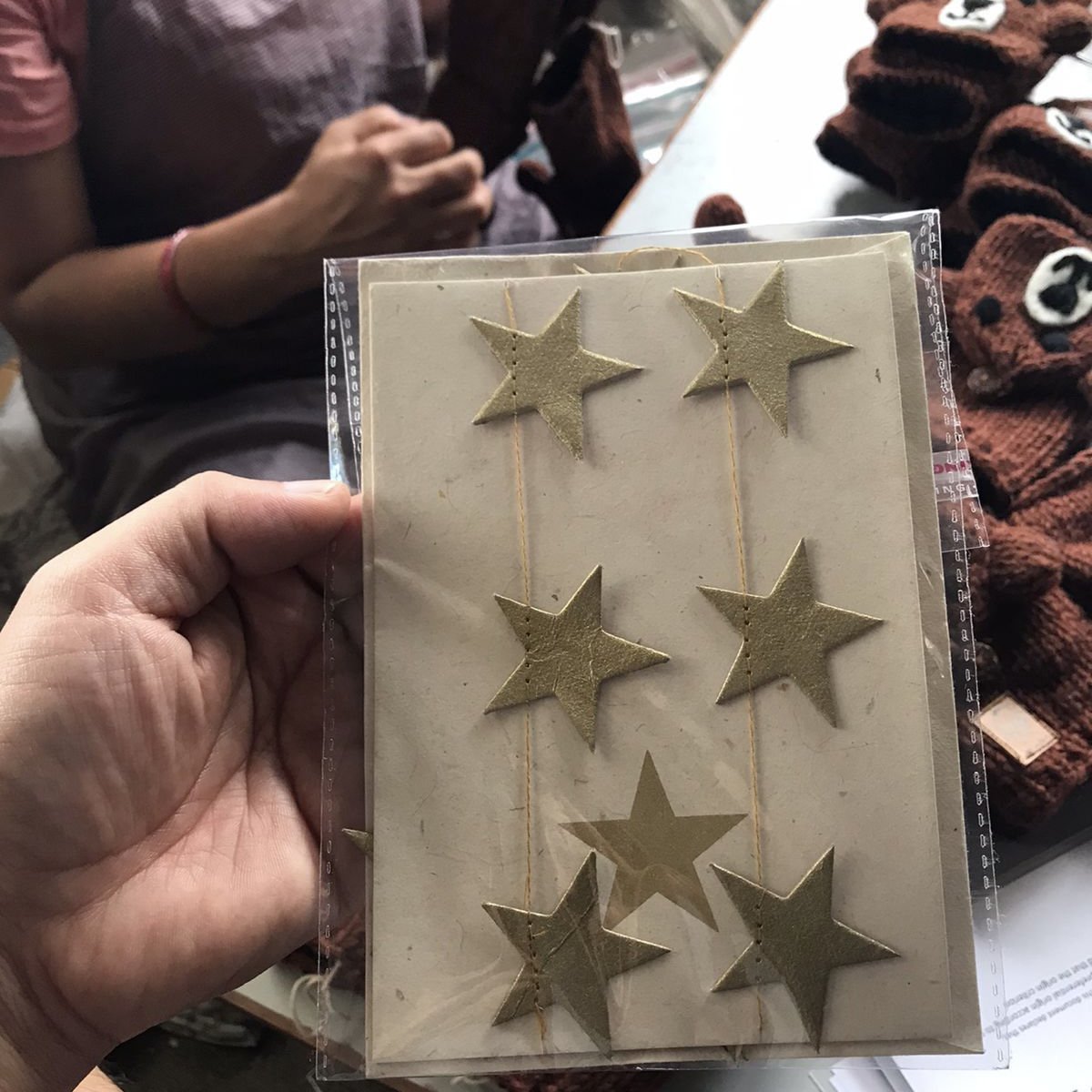 Luna-Leena 2x wenskaartenset + slinger sterren goud - 100% milieuvriendelijk papier - Handgemaakt in Nepal