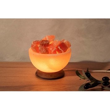Himalaya Salt Dreams Schaal met Himalaya Zoutbrokken incl Verlichting Houten Voet, 15cm doorsnee