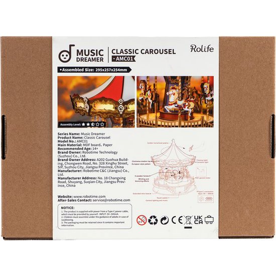 Robotime, Muziekdoos Hout DIY Classic Carousel, AMC01, 25,5x25,7x29,5cm