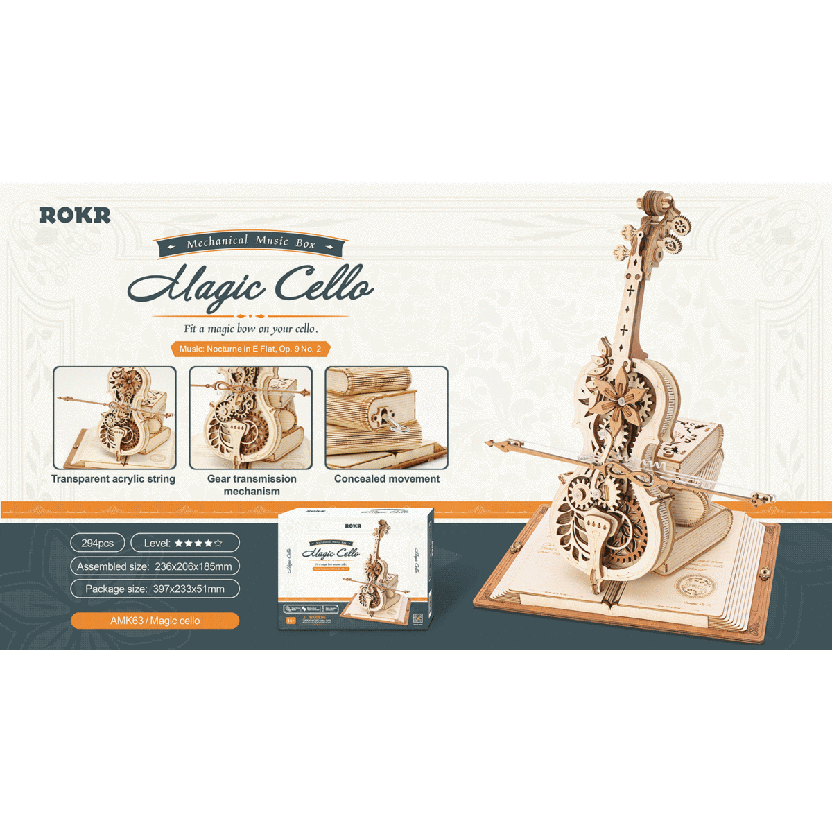 Robotime, Muziekdoos Hout DIY 3D Puzzel Magic Cello