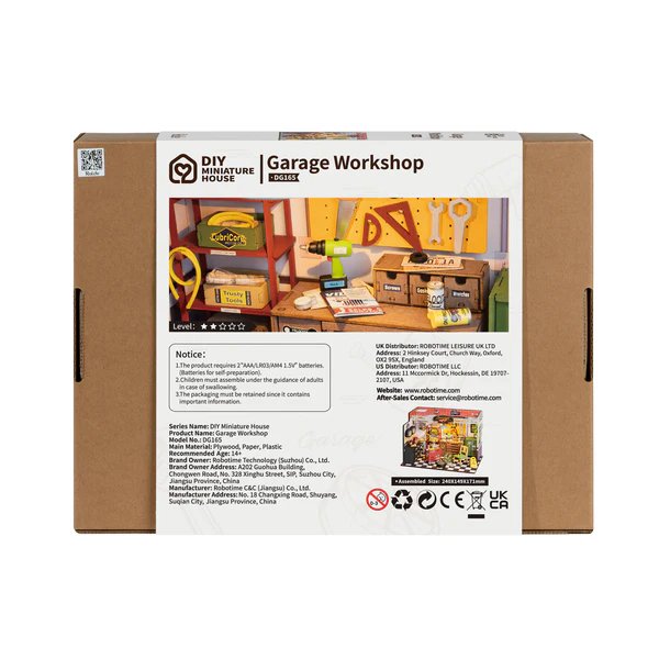 Robotime, DIY Huisje Garage Workshop met LED verlichting, DG165, 24x15x17cm