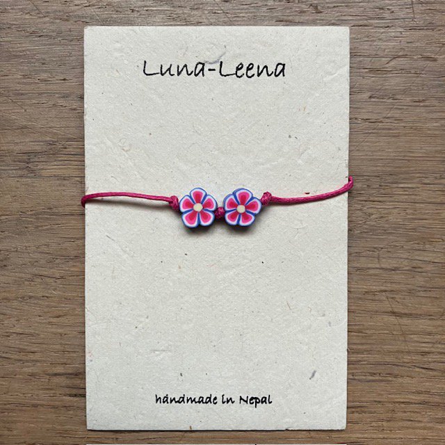Luna-Leena - Kinderarmband - Bloem roze/blauw - Handgemaakt in Nepal