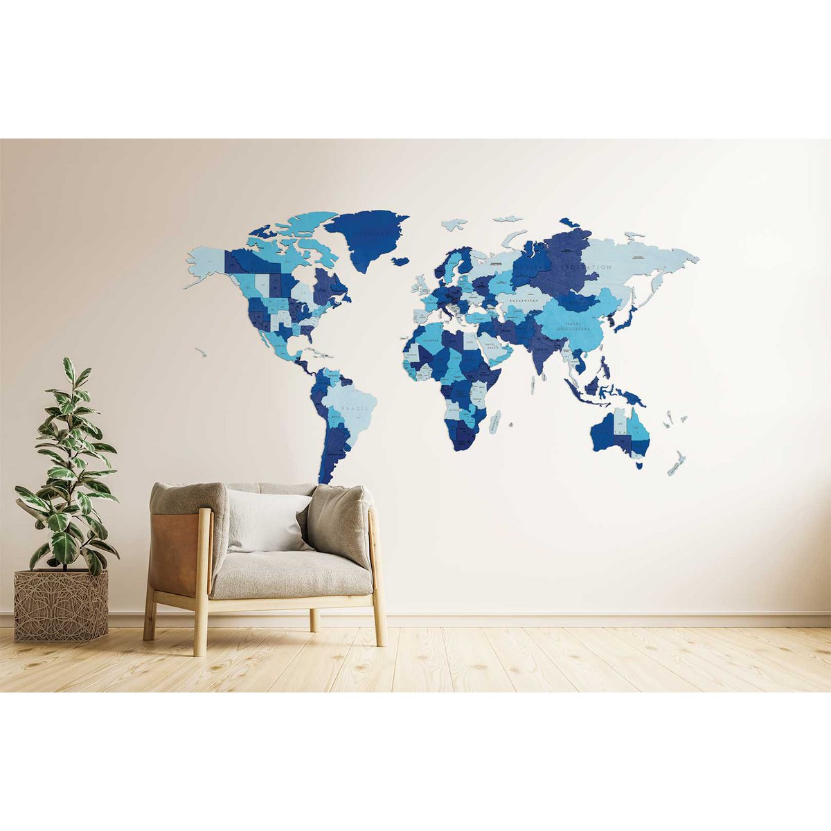 Eco Wood Art (EWA) Houten Wandpuzzel Wereldkaart Blauw Maat L