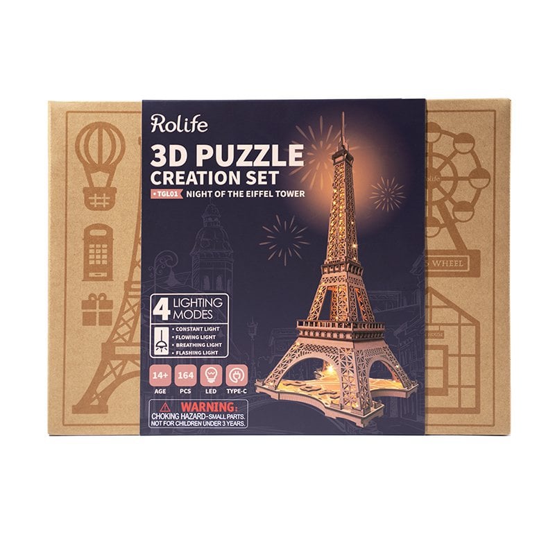 Robotime, 3D Houten Puzzel Night of the Eiffeltoren, TGL01, 22x21,3x53cm
