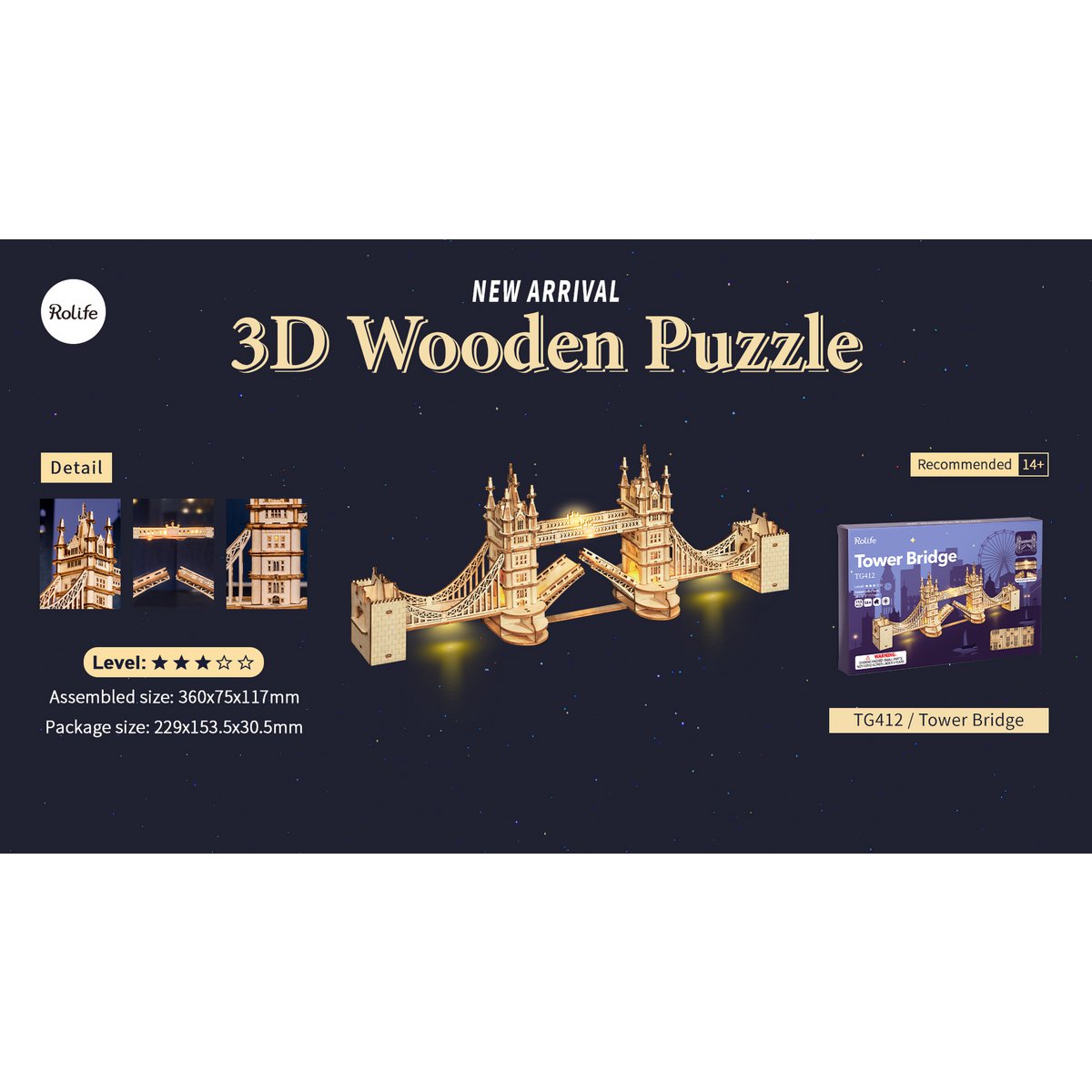 Robotime, 3D Houten Puzzel, Tower Bridge incl. verlichting