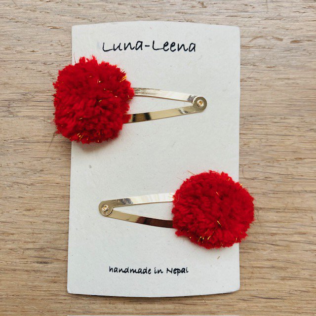 Luna-Leena Hair Clips Pom Pom 2x - Rood & Goud - Handgemaakt Nepal
