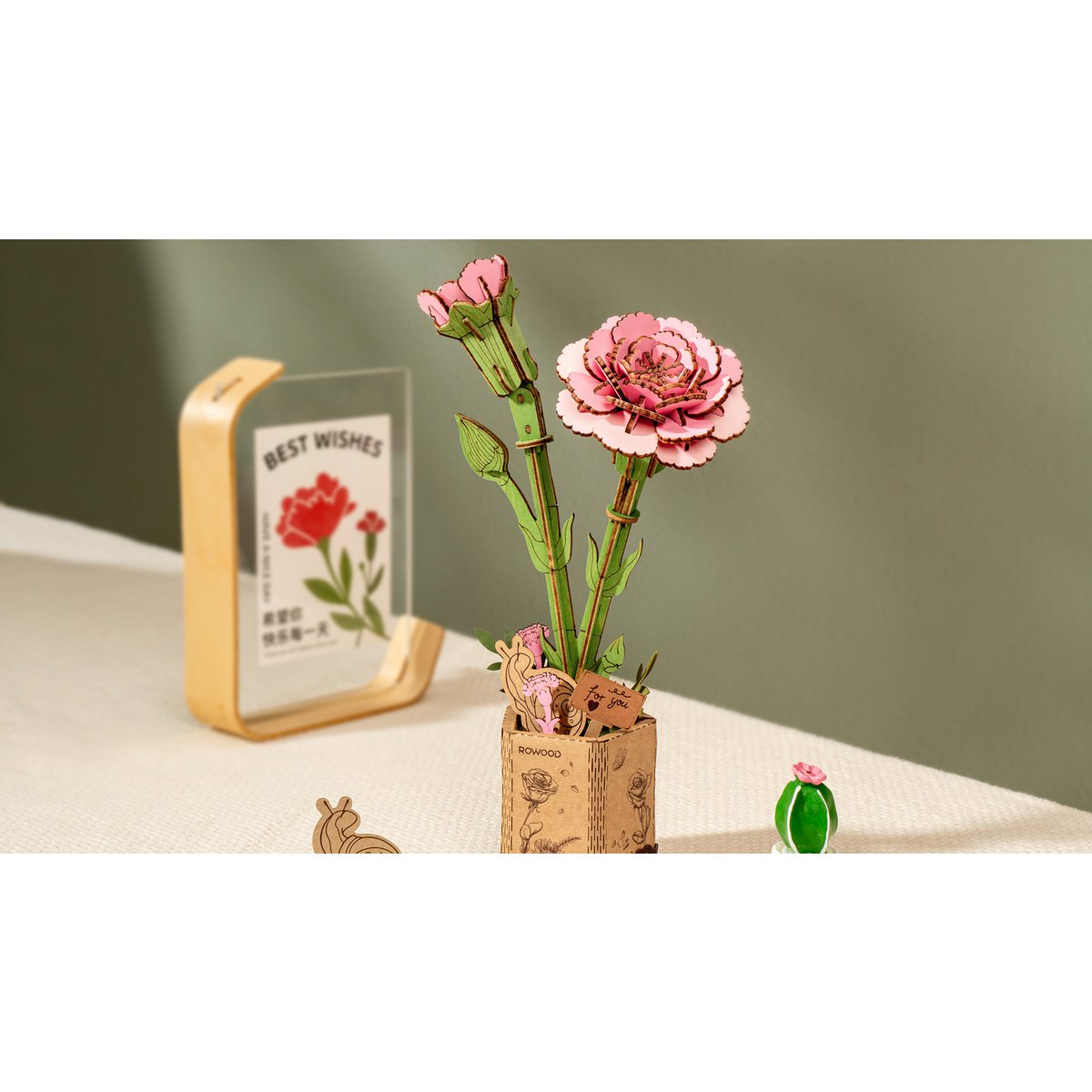 Robotime, DIY Houten Bloem Pink Carnation, Roze Anjer, TW051, 12x7x2