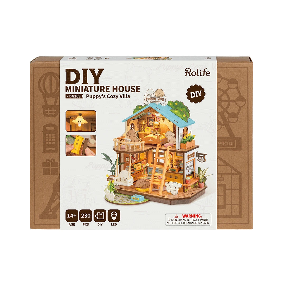Robotime, DIY Huisje Puppy's Cozy Villa met LED verlichting DG169, 22x18,3x23,5cm
