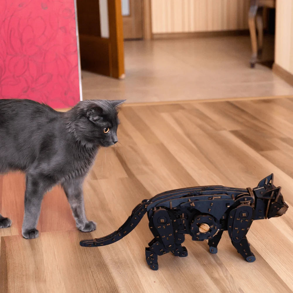 Eco Wood Art (EWA) 3D Houten Puzzel Mechanische Wilde Zwarte Kat/ Wild Black Cat
