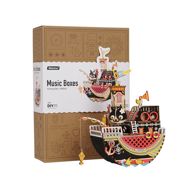 Muziekdoos Hout DIY 3D Puzzel Fishing Kitty, Robotime