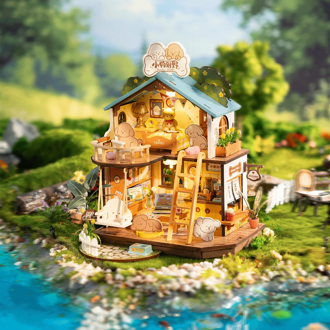 Robotime, DIY Huisje Puppy's Cozy Villa met LED verlichting DG169, 22x18,3x23,5cm