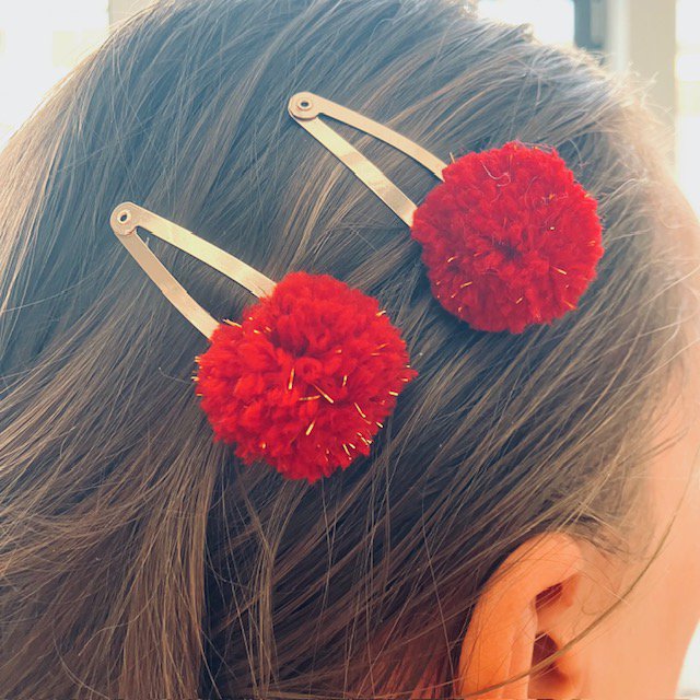 Luna-Leena Hair Clips Pom Pom 2x - Rood & Goud - Handgemaakt Nepal