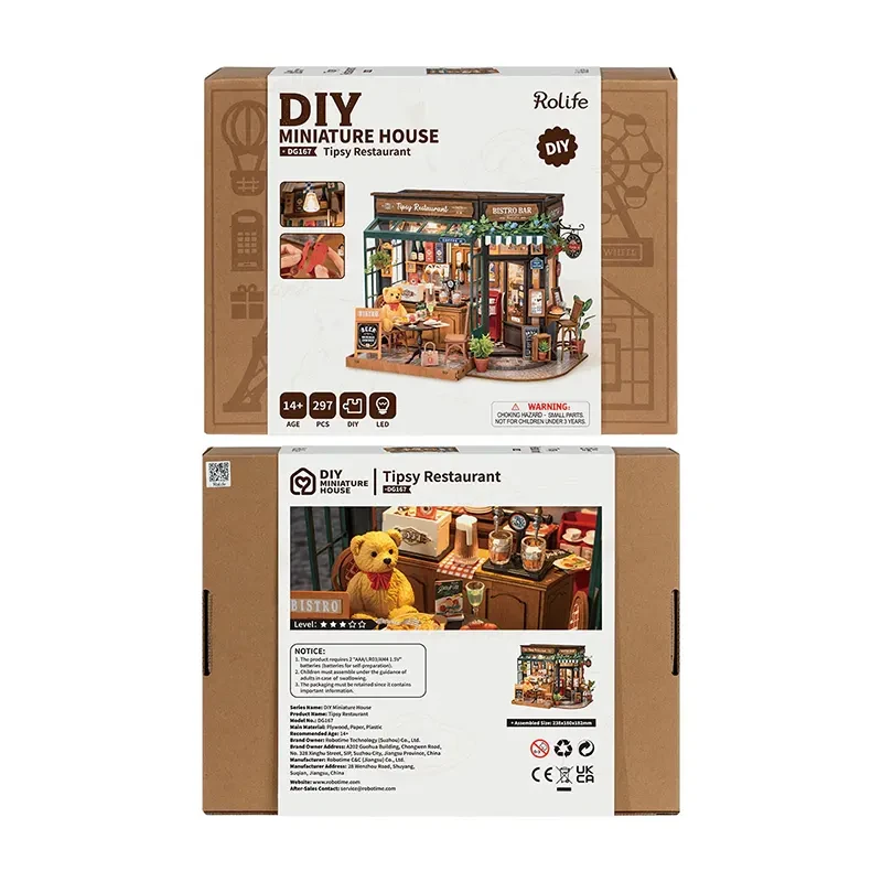 Robotime, DIY Huisje Tipsy Restaurant met LED verlichting, DG167, 18x18x24cm