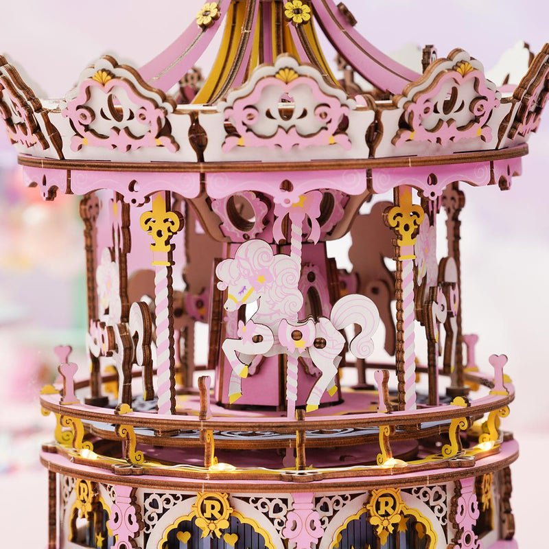 Muziekdoos Hout DIY 3D Puzzel Romantic Carousel Dream Version met LED, Robotime