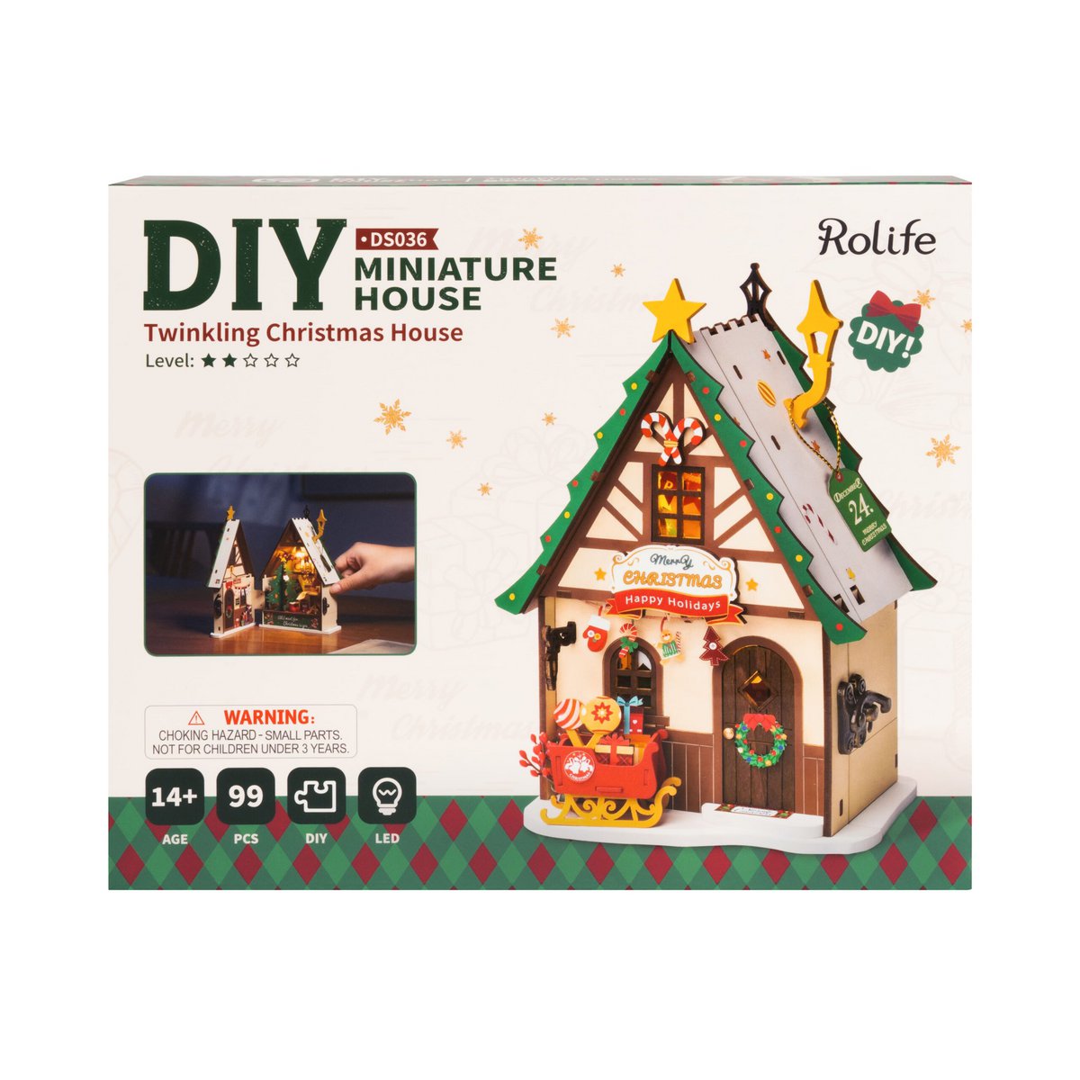 Robotime, DIY Huisje Twinkling Christmas House, DS036, 12,5x9x18,2cm