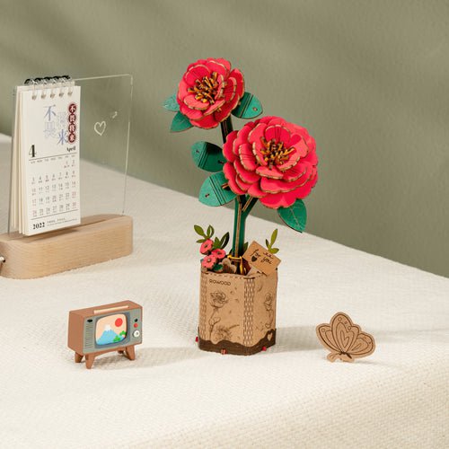 Robotime, DIY Houten Bloem Red Camellia, Rode Camelia, TW031, 11,5x6,5x2