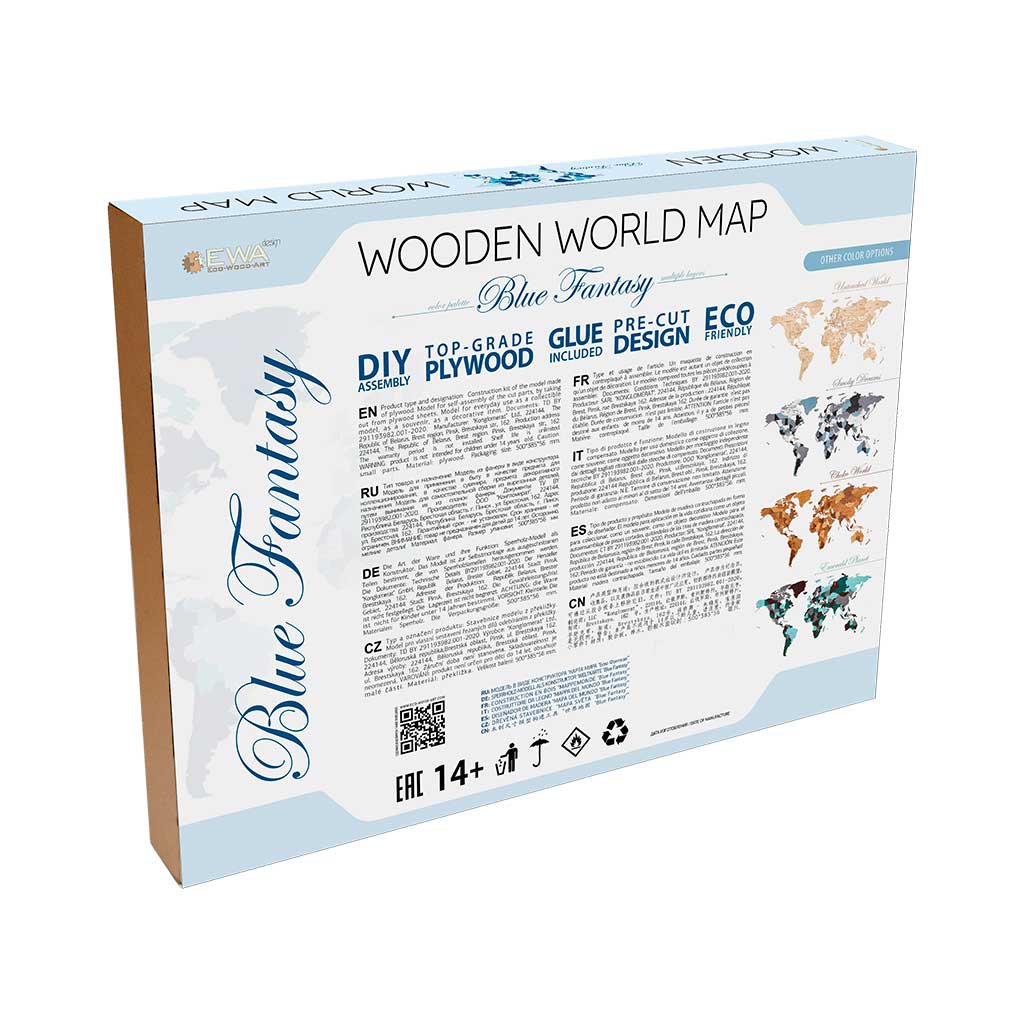 Eco Wood Art (EWA) Houten Wandpuzzel Wereldkaart Blauw Maat L