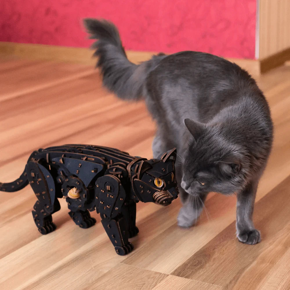 Eco Wood Art (EWA) 3D Houten Puzzel Mechanische Wilde Zwarte Kat/ Wild Black Cat