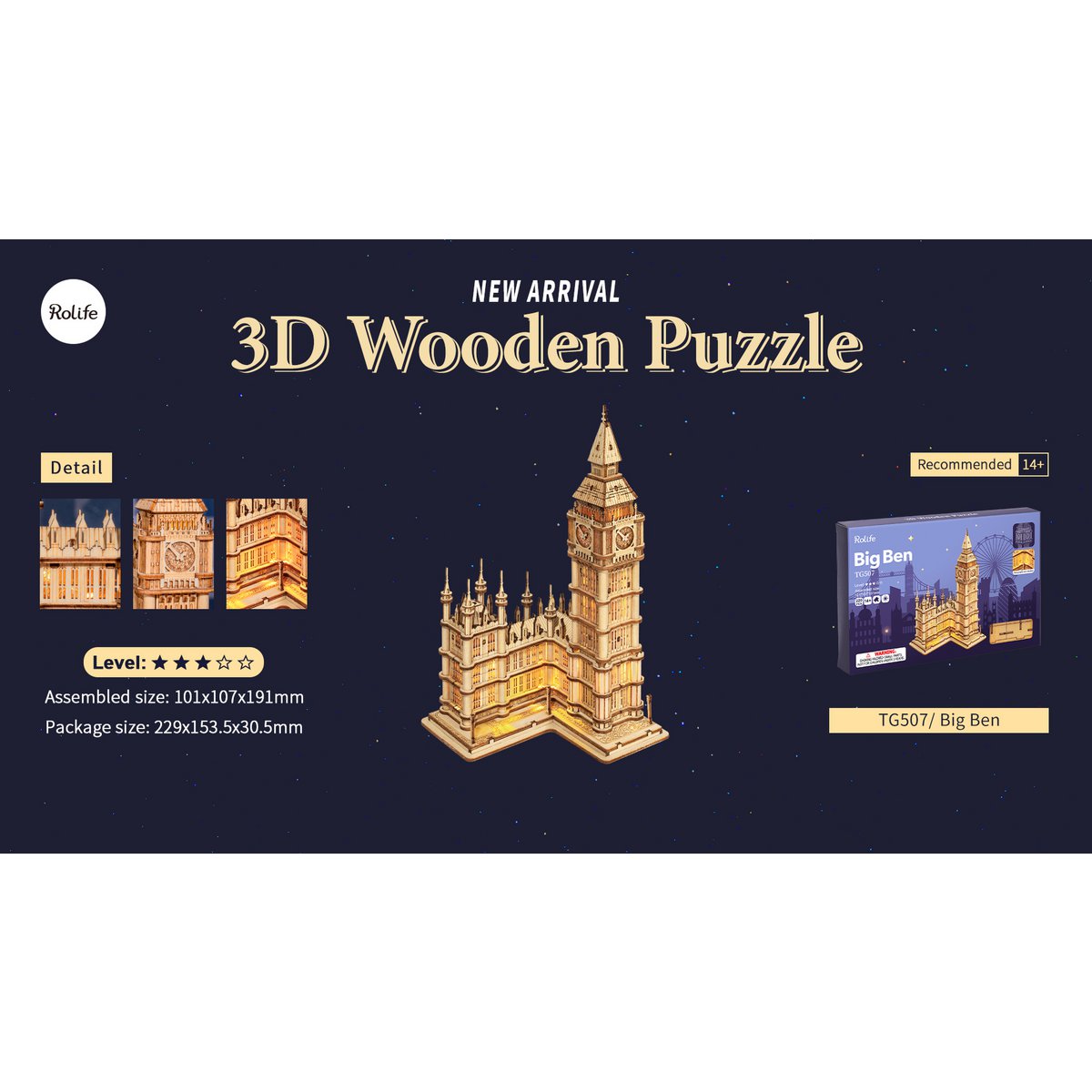 Robotime, 3D Houten Puzzel, Big Ben incl. verlichting