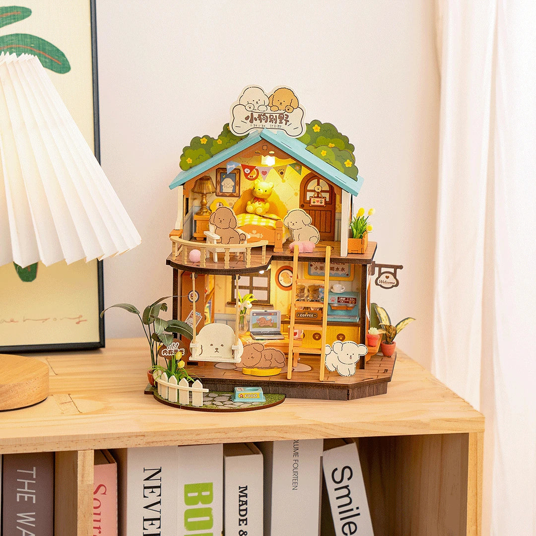Robotime, DIY Huisje Puppy's Cozy Villa met LED verlichting DG169, 22x18,3x23,5cm