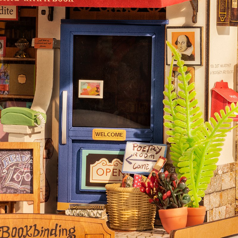 Robotime, DIY Huisje Corner Bookstore met LED verlichting, 25x16,7x18cm