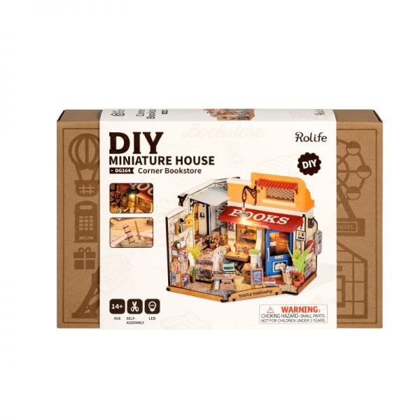 Robotime, DIY Huisje Corner Bookstore met LED verlichting, 25x16,7x18cm