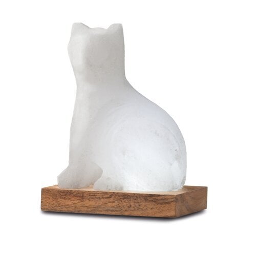 Himalaya Salt Dreams, Zoutlamp USB Kat/ Cat,White Line met Houten Voet, 13cm hoog