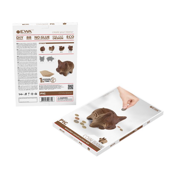 Eco Wood Art (EWA) 3D Houten Bouwset Spaarpot Kat/Cat, 3793, 13,6x12,7x14,1cm