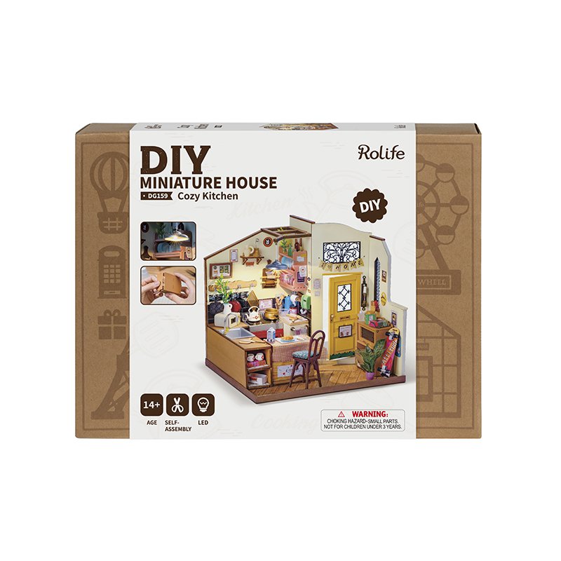 Robotime, DIY Huisje Homey/Cozy Kitchen met LED verlichting, DG159, 19x17,1x18,5cm