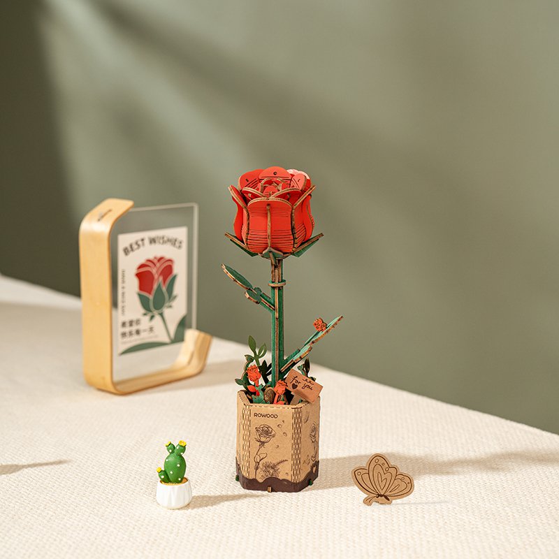 Robotime, DIY Houten Bloem Red Rose, Rode Roos, 8,5x6,5x21cm