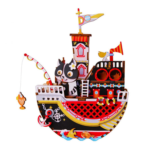 Muziekdoos Hout DIY 3D Puzzel Fishing Kitty, Robotime