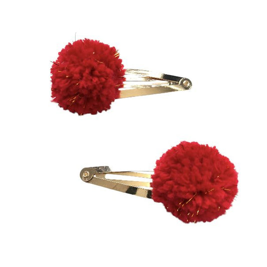Luna-Leena Hair Clips Pom Pom 2x - Rood & Goud  - Handgemaakt Nepal